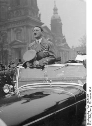 Adolf Hitler arrives in Berlin's Lustgarten before his speech in front of 30.000 old SA fighters on the occasion of the Tag der Machtergreifung